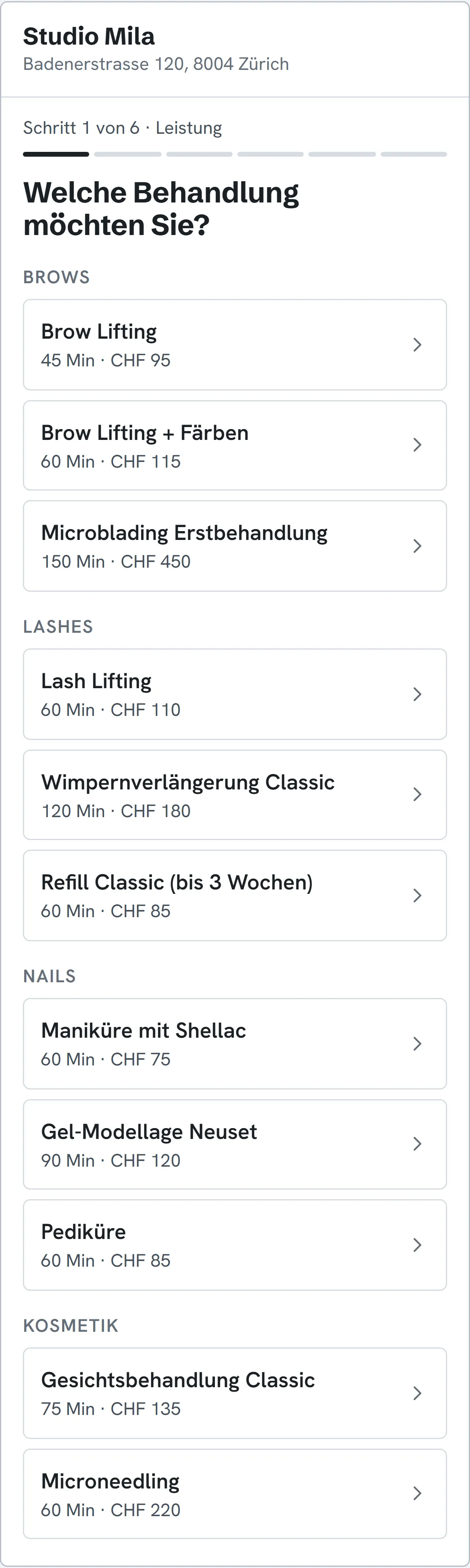Buchungsseite von Studio Mila auf dem Handy mit Behandlungen, Dauer und Preis