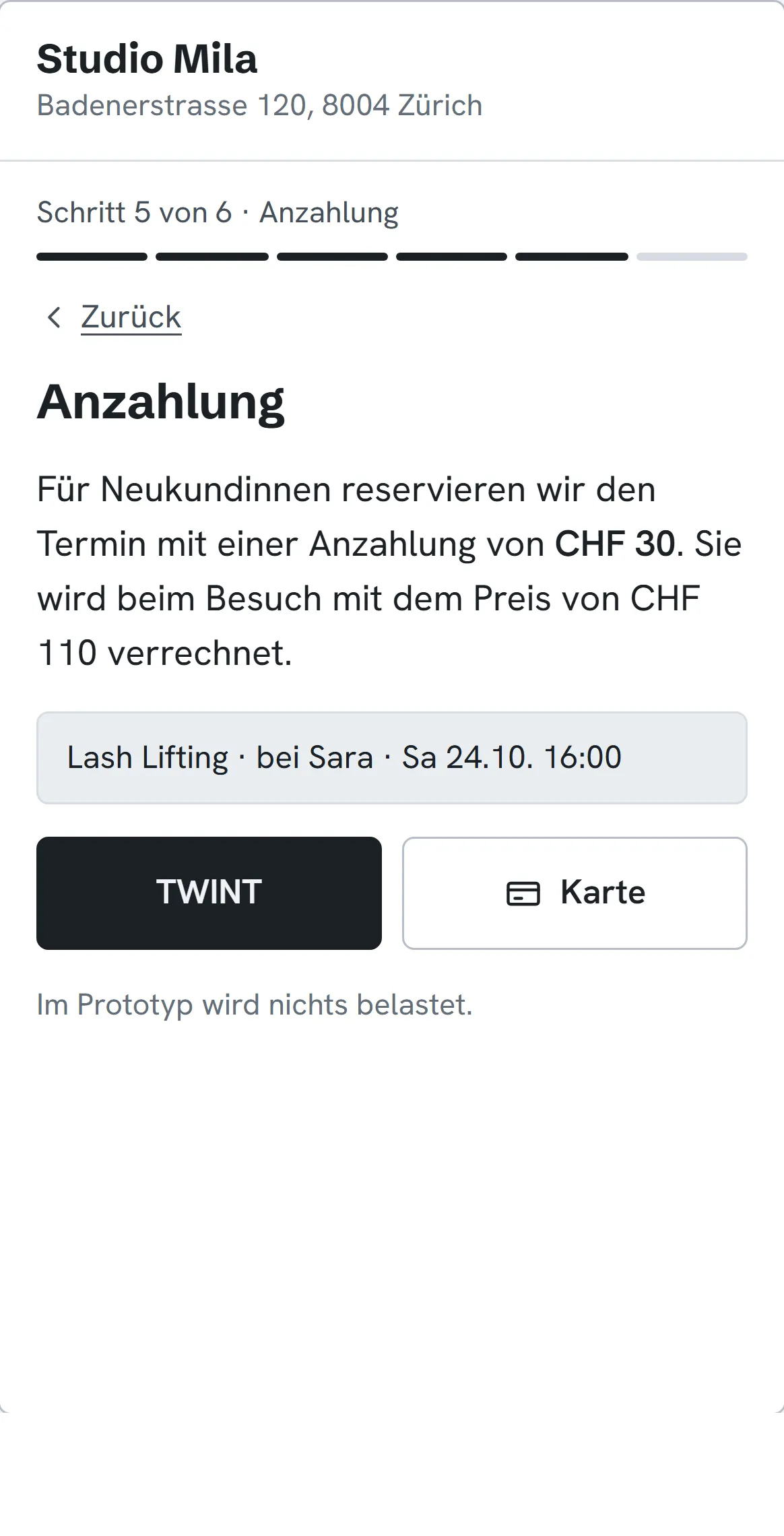 Schritt 3: Anzahlung von CHF 30 für Neukundinnen, Zahlung mit TWINT oder Karte