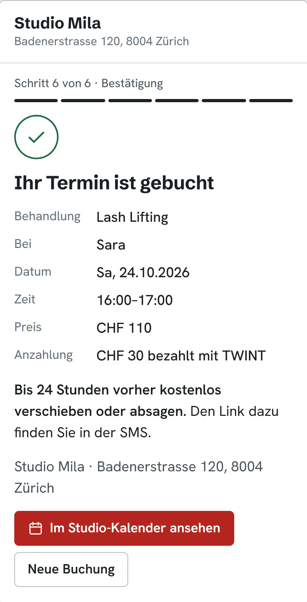 Schritt 4: Termin gebucht, Lash Lifting bei Sara am Samstag, 24.10.2026, 16:00 bis 17:00, Anzahlung CHF 30 bezahlt mit TWINT